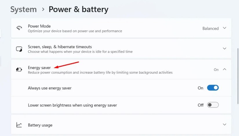 Energy Saver option in the Windows 11 Settings menu.