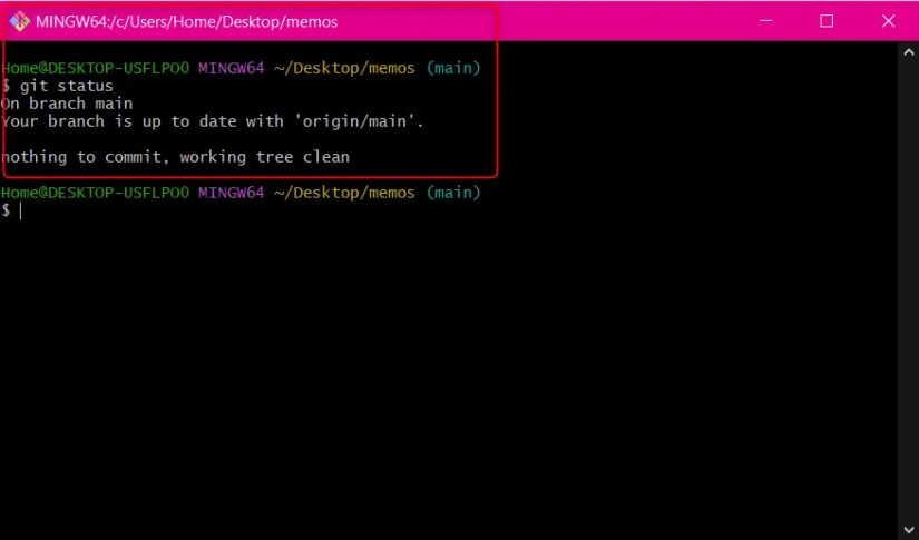Git status command on CLI with output saying nothing to commit, working tree clean.