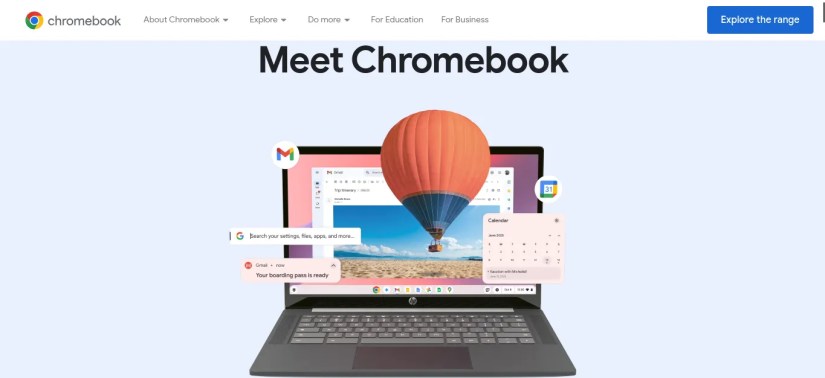 A screenshot of the Google website with the heading &ldquo;Meet Chromebook&rdquo; and a hot air balloon along with other Chromebook apps floating above the screen.