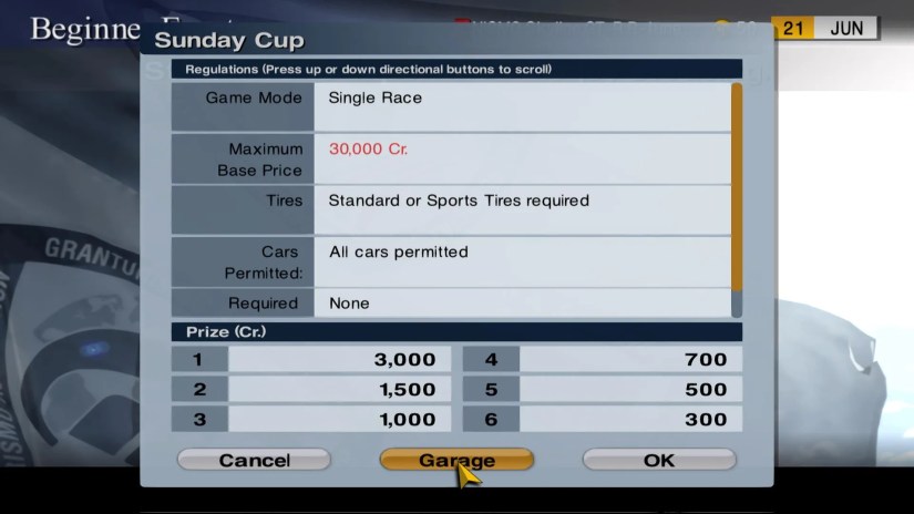 Gran Turismo 4 Spec II Event Hall garage button.