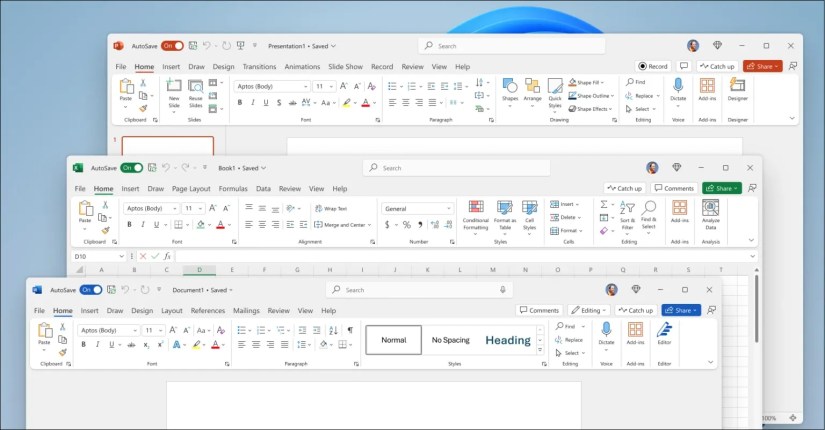 Screenshots of Office apps on Windows.