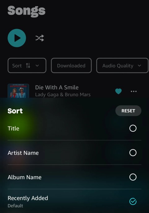 Sorting songs on Amazon Music Unlimited.