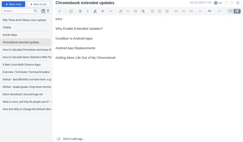 Joplin outline of this article running in the Chromebook Linux environment