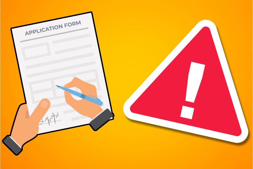 A cartoon hand signing a job application with a danger sign next to it.