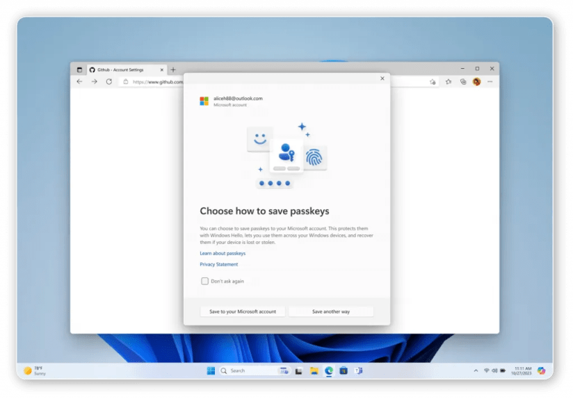 New Windows Hello interface for passkeys.
