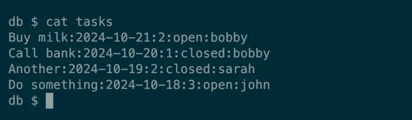 The contents of a text file storing data about tasks.