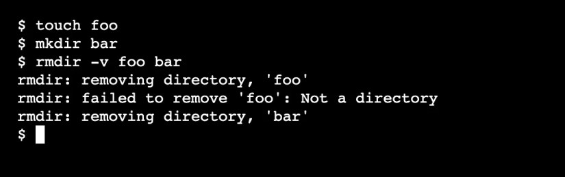 The linux rmdir command with the -v option and two parameters.