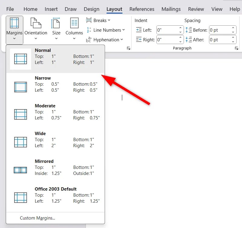 Modifying page margins of Word document.