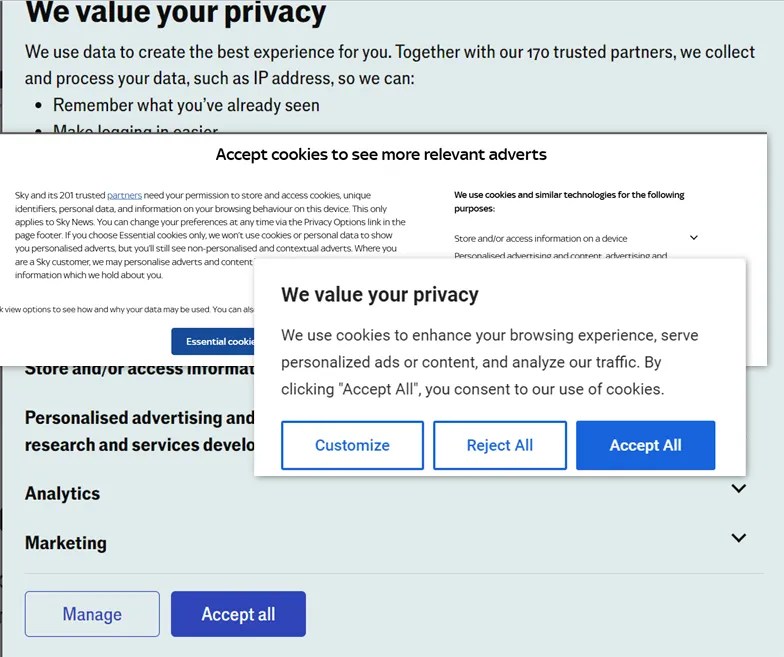 Multiple browser cookies dialog boxes