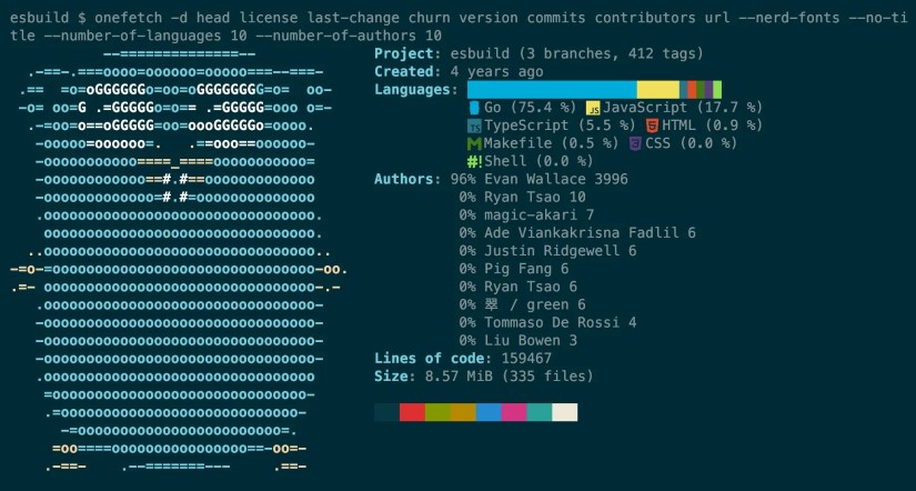 Output from the onefetch command showing custom stats for a git project.