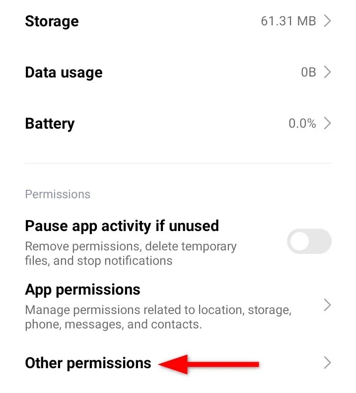 Opening &lsquo;Other Permissions&rsquo; setting of the Google Drive app.