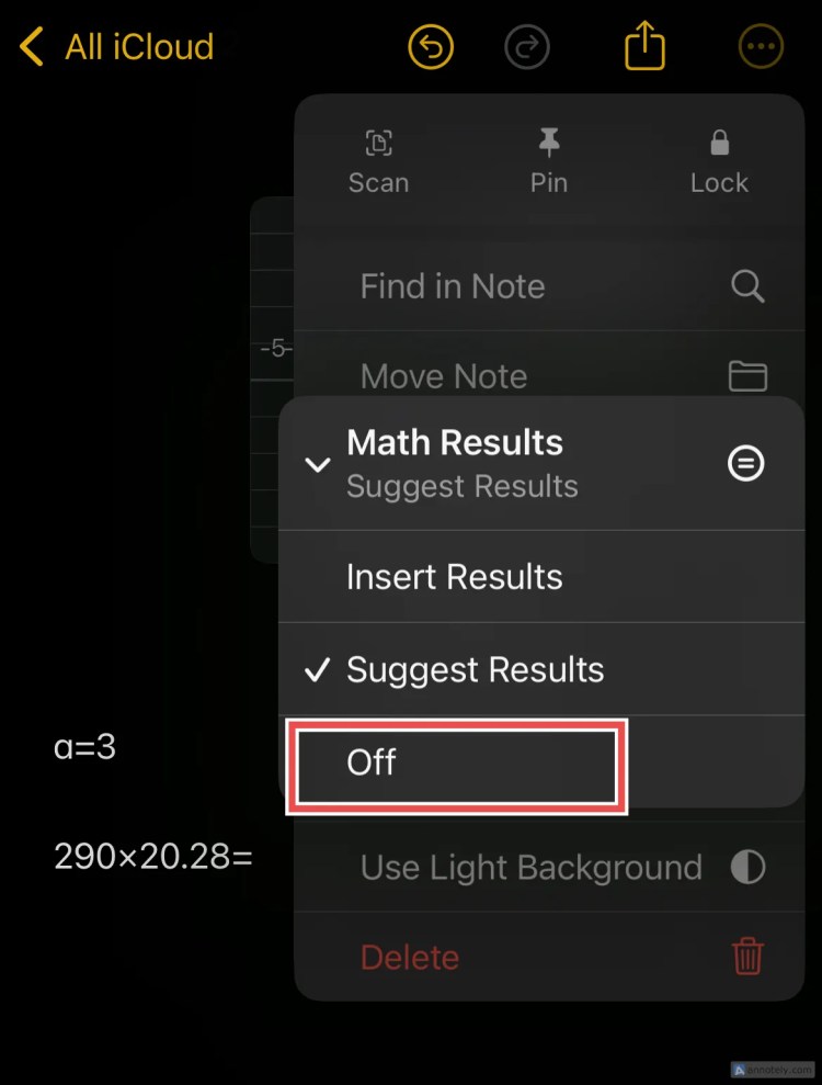 Turning off Math Notes suggest results.