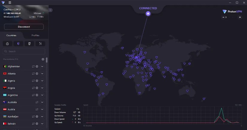 The Proton VPN main interface.