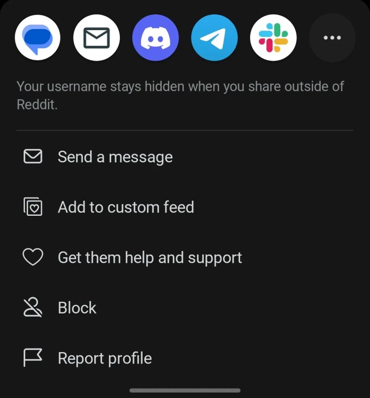 User-related options in the official Reddit app.