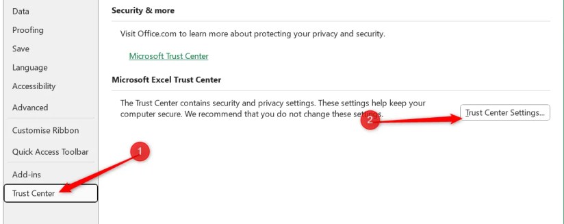 The trust center in Excel