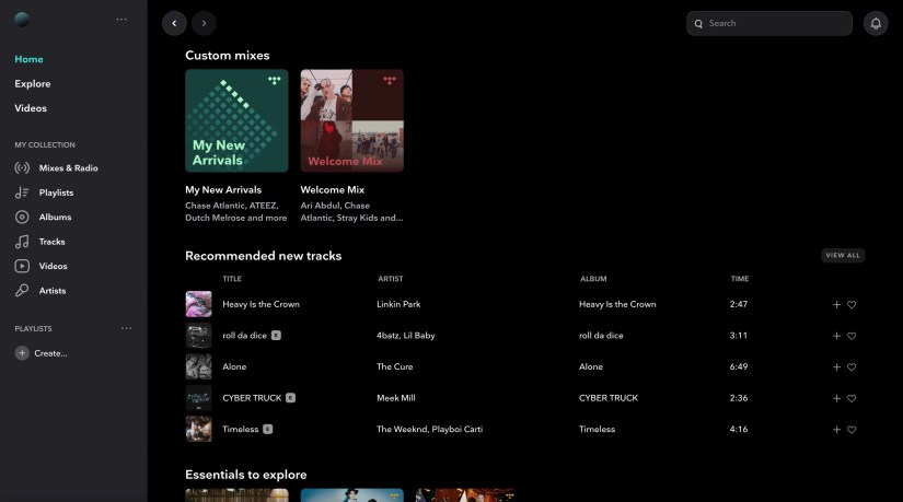 A look at Tidal&rsquo;s Home page.