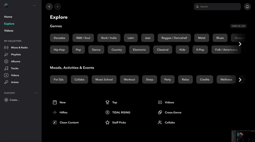A look at Tidal&rsquo;s Explore page.