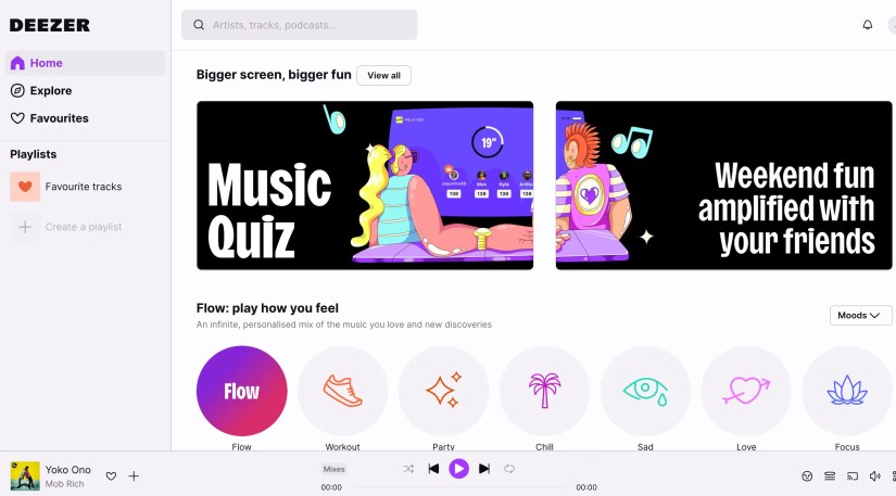Deezer&rsquo;s Home tab, featuring mood filters.