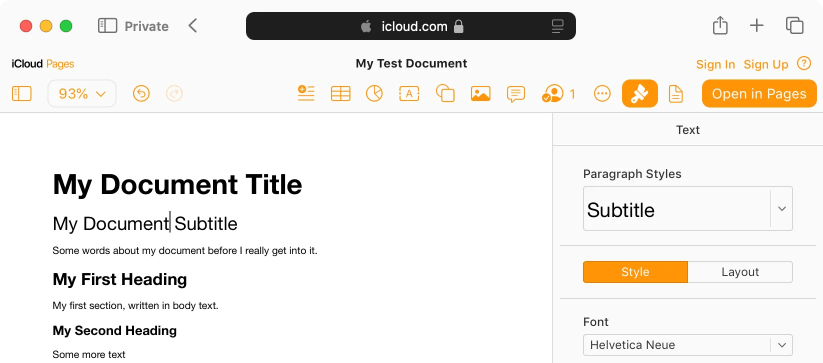 Editing a Pages document in a Safari Private Browsing window as an anonymous user.