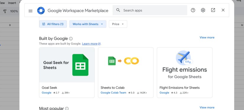 A screenshot of the Google Workspace Marketplace within Google Sheets.