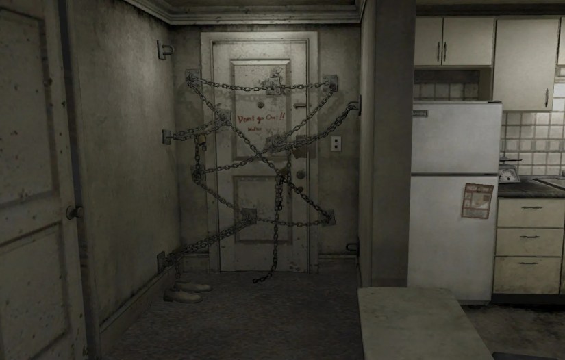 The locked door in Henry&rsquo;s apartment from Silent Hill 4: The Room.