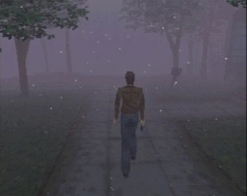 Harry surrounded by thick fog in Silent Hill.