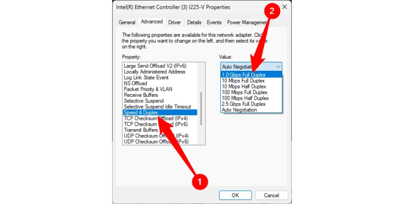 Changing the speed and duplex settings of an Ethernet connection in Windows.