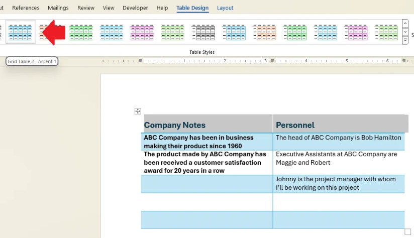 Selected table style in Word document