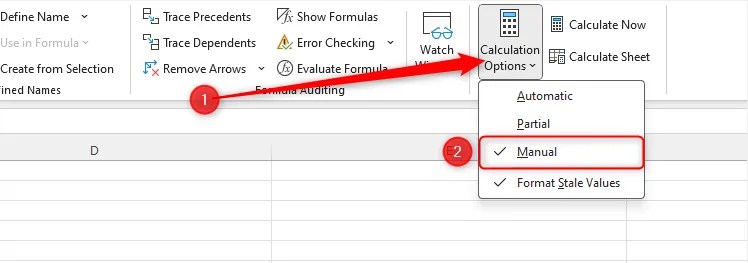 The Calculation Options drop-down menu in Excel, with Manual checked.