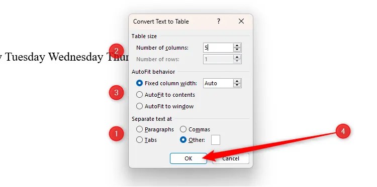 The Convert Text To Table dialog box in Word, with the order for addressing the options indicated using numbers.
