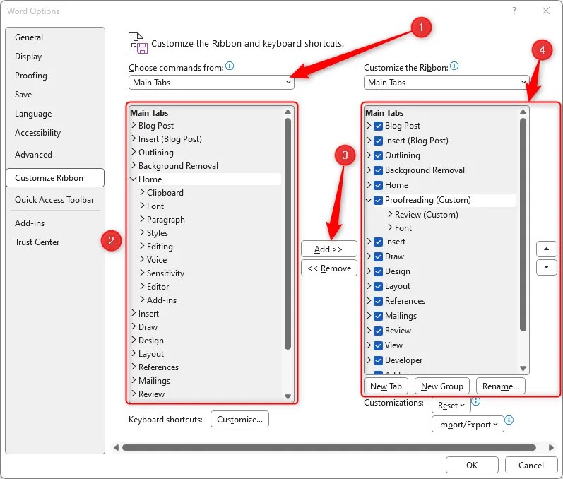 The different options in the Customize Toolbar window.