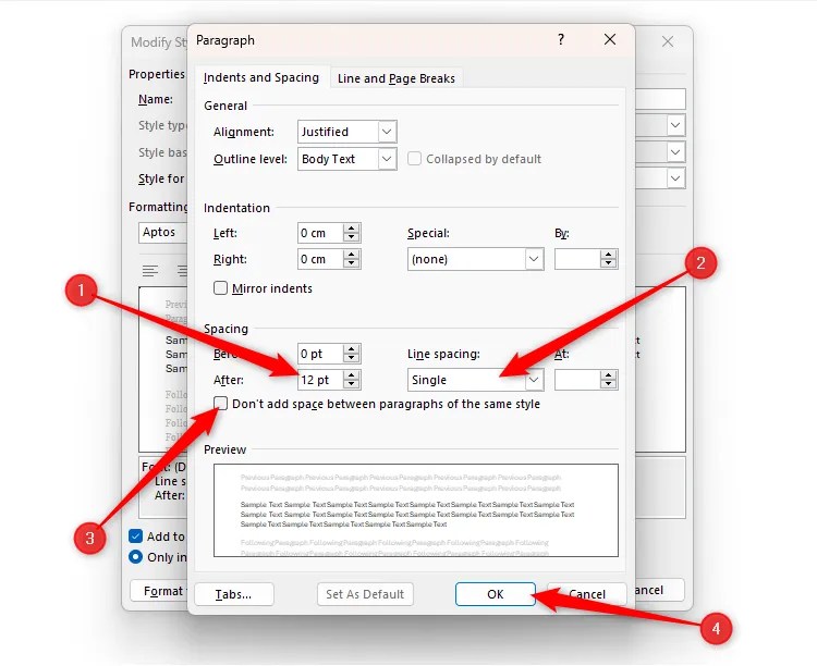 The Paragraph style dialog box, with Spacing After changed to 12 pt, Line Spacing set to Single, and the Don’t Add Space checkbox checked.