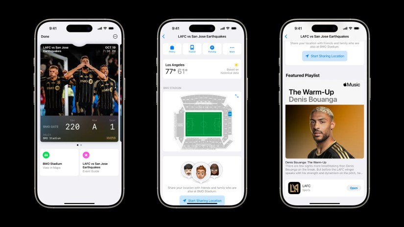 Three iPhone screenshots showcasing Ticketmaster&rsquo;s upgraded event tickets in the Wallet app.