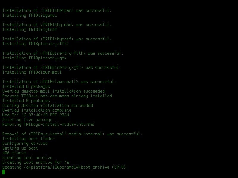 Tribblix installation script being run in the system console.