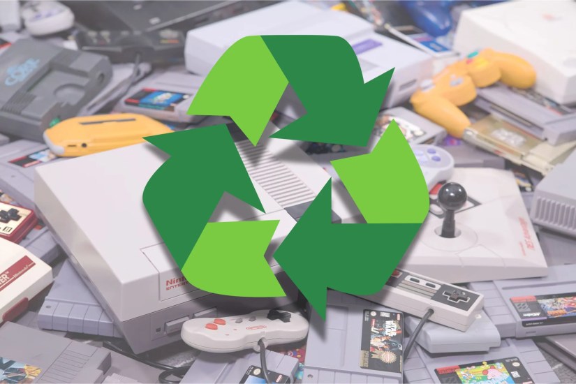 The recycle symbol in front of a bunch of old Nintendo consoles.