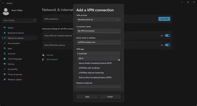 Manually adding a VPN details in the Windows settings.