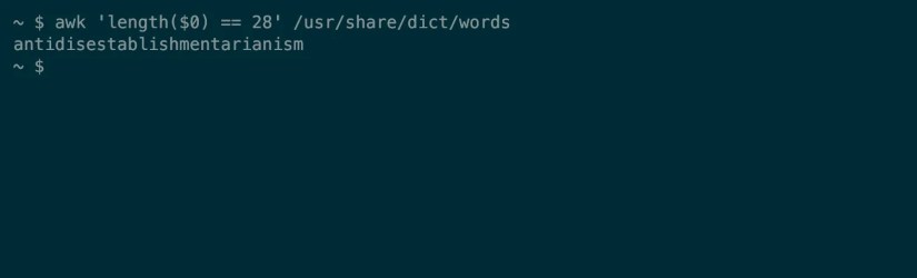 The output from an awk command showing the longest word from the dictionary file.