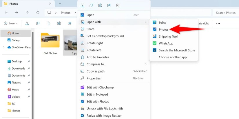 Open With &gt; Photos highlighted for an image.