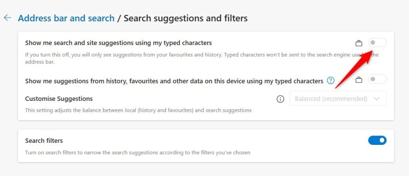 Turning off the search suggestion feature in Microsoft Edge.