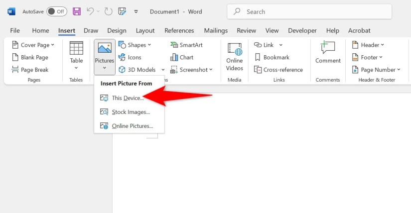 Insert &gt; Pictures &gt; From This Device highlighted in Word.