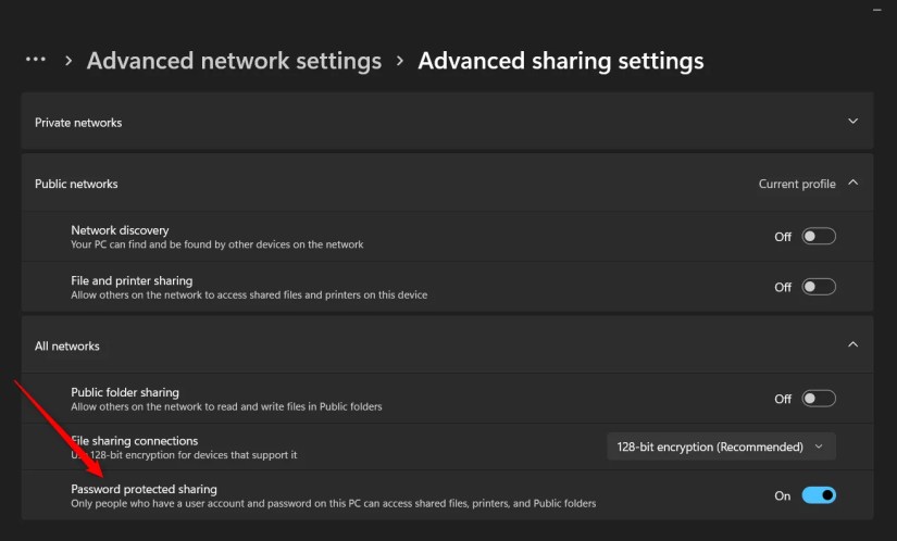 Password protected sharing on Windows.