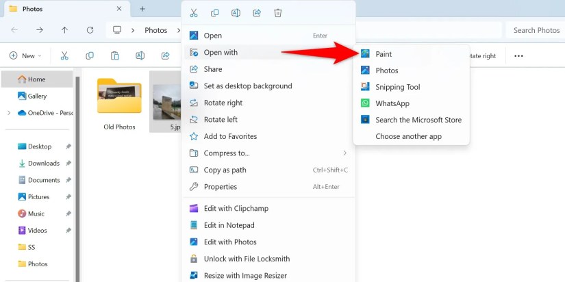 Open With &gt; Paint highlighted for an image.