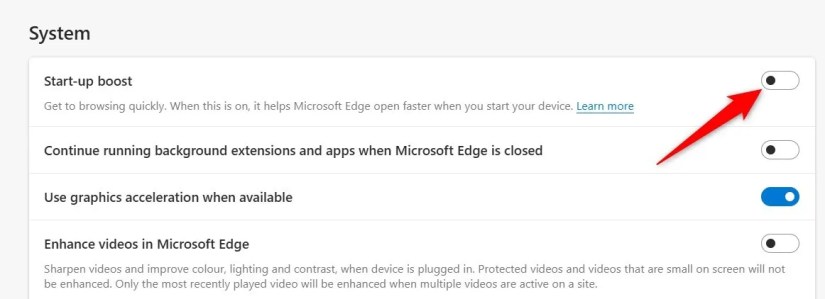 Turning off the startup boost in Microsoft Edge.