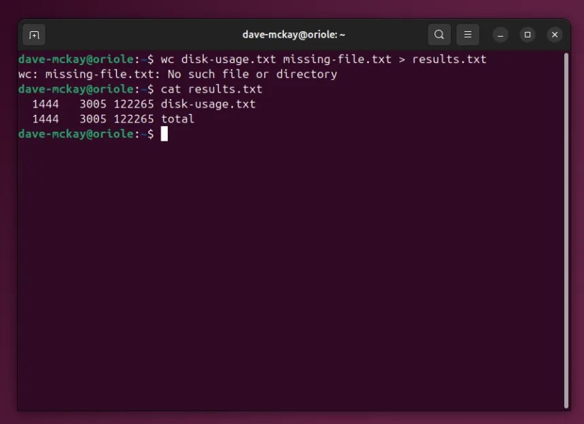 Redirecting stdout to a file, but stderr messages are still displayed in the terminal window.