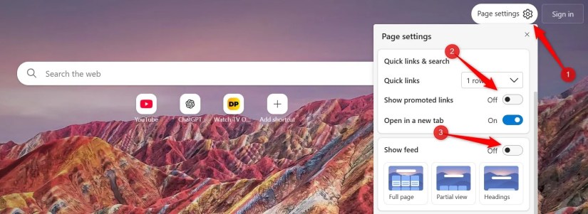 Turning off feed and promoted links in page settings on Microsoft Edge.