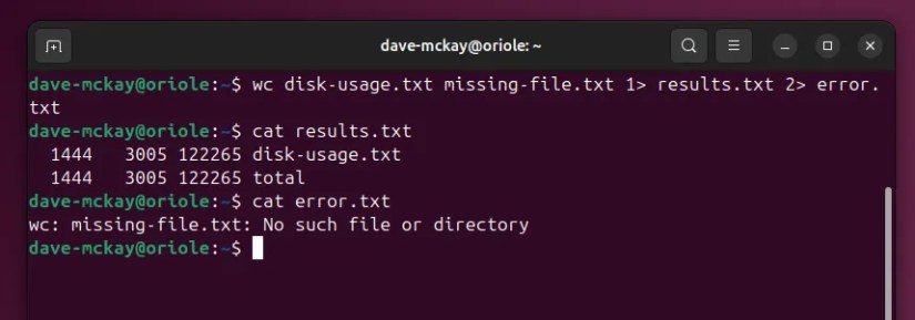 Redirecting stdout to one file, and stderr to another.