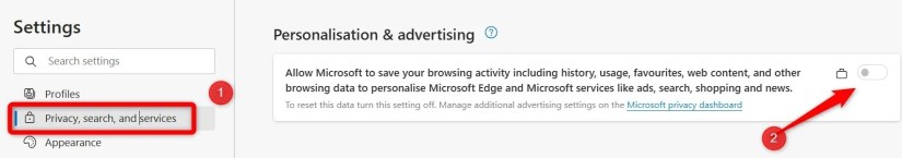 Turning off personalization and advertising in Microsoft Edge.