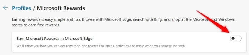 Turning off Microsoft Rewards in Microsoft Edge.