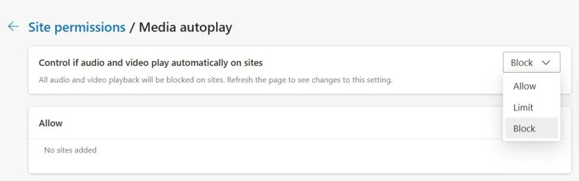 Blocking the media autoplay in the Microsoft Edge.