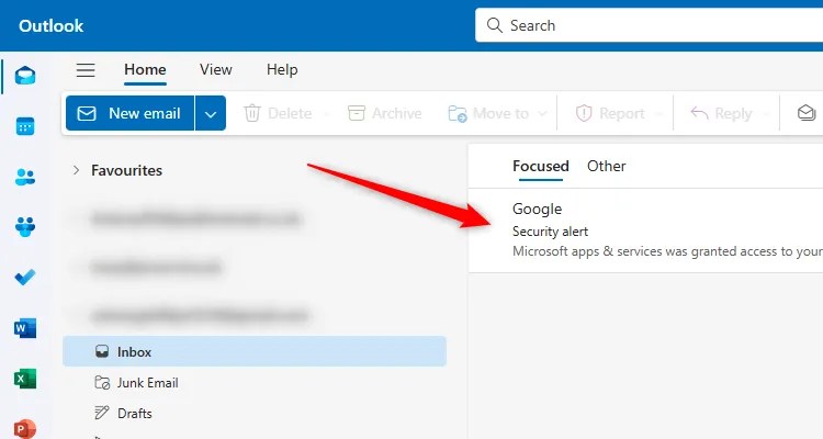 A Google security email in the new Outlook.